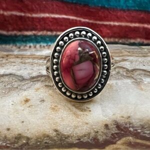 ❤️ Red Pink Rose Dahlia Kingman Turquoise 925 Ring Navajo Southwestern Size 5.75